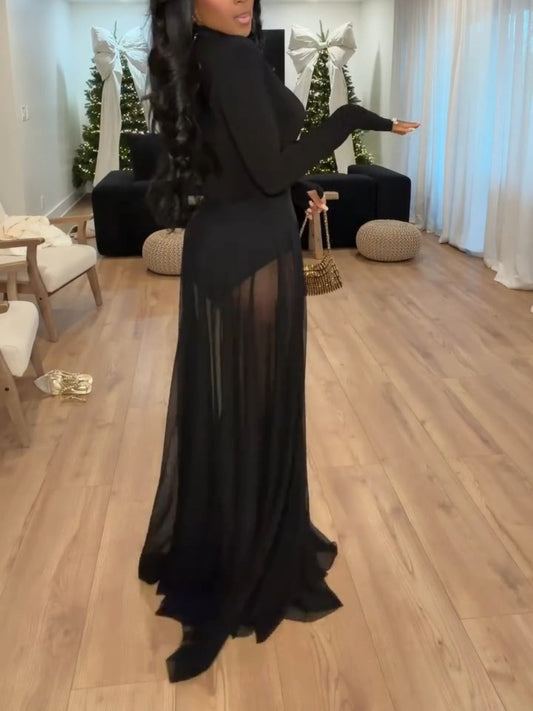 Black Turtleneck Long-Sleeve Sheer Maxi Dress