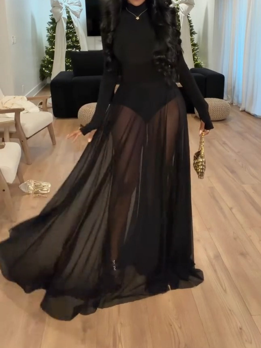 Black Turtleneck Long-Sleeve Sheer Maxi Dress