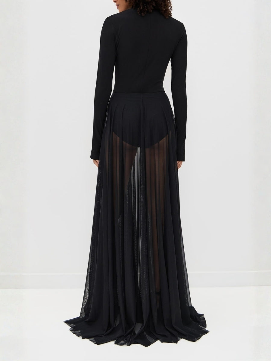 Black Turtleneck Long-Sleeve Sheer Maxi Dress