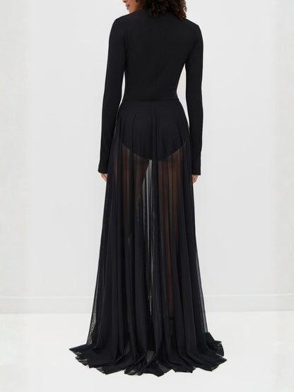 Black Turtleneck Long-Sleeve Sheer Maxi Dress