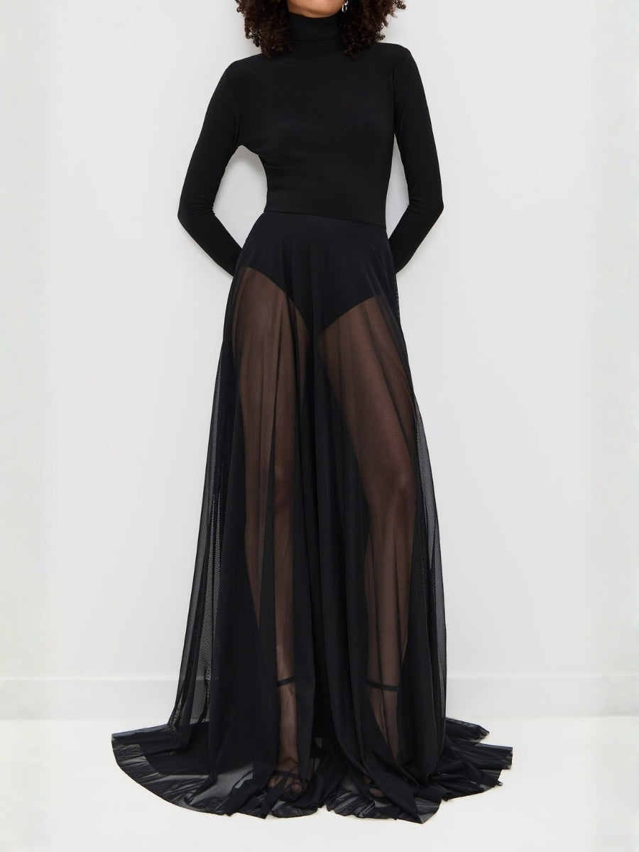 Black Turtleneck Long-Sleeve Sheer Maxi Dress