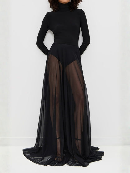 Black Turtleneck Long-Sleeve Sheer Maxi Dress