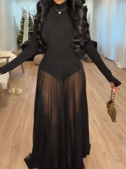 Black Turtleneck Long-Sleeve Sheer Maxi Dress