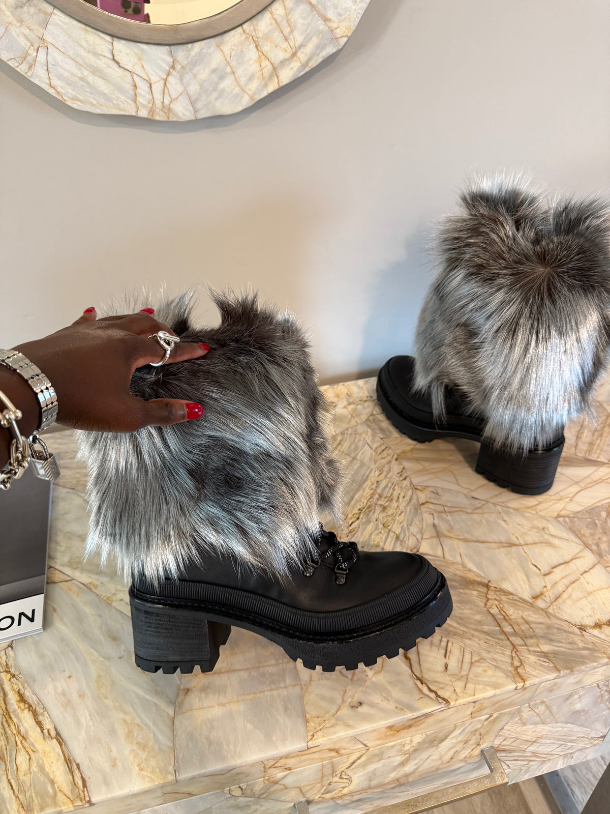 Black Chunky Sole Knee-High Boots With Gray Faux Fur Trim