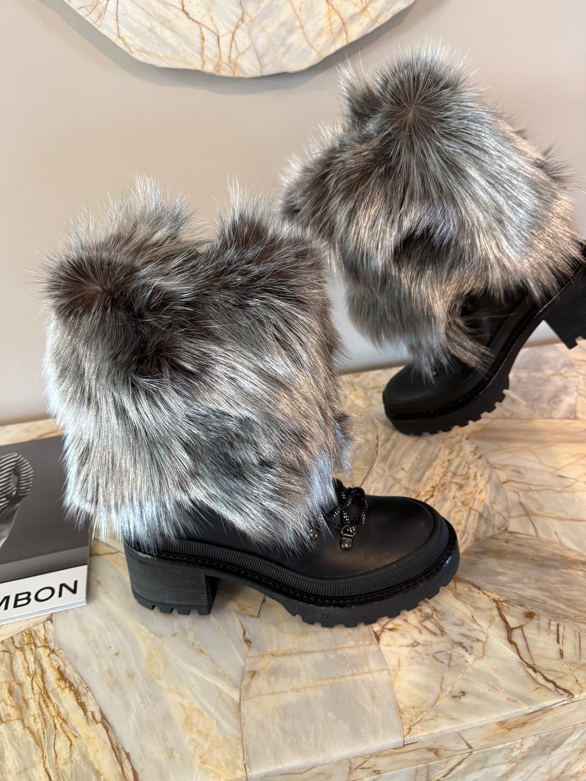 Black Chunky Sole Knee-High Boots With Gray Faux Fur Trim