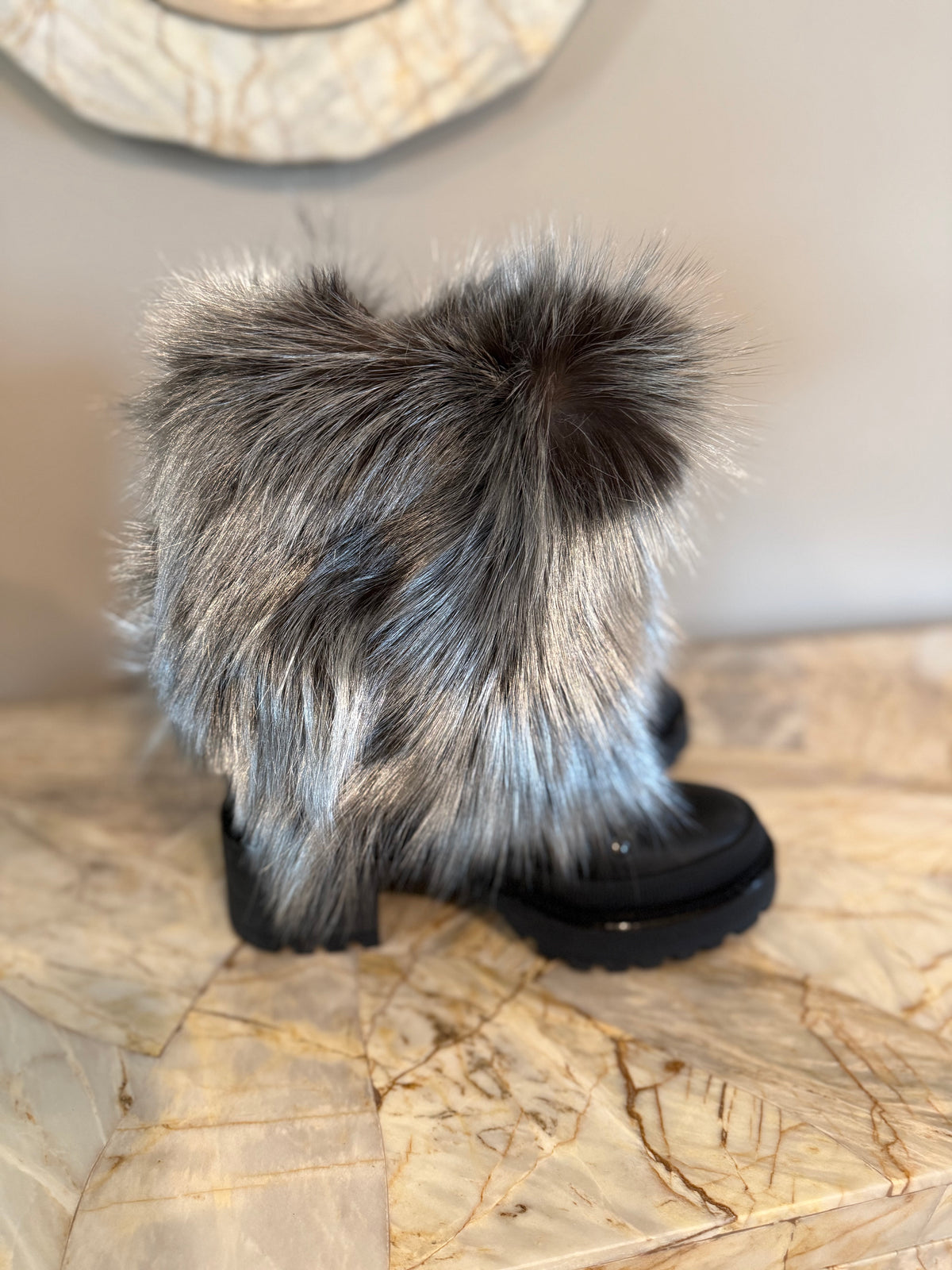 Black Chunky Sole Knee-High Boots With Gray Faux Fur Trim