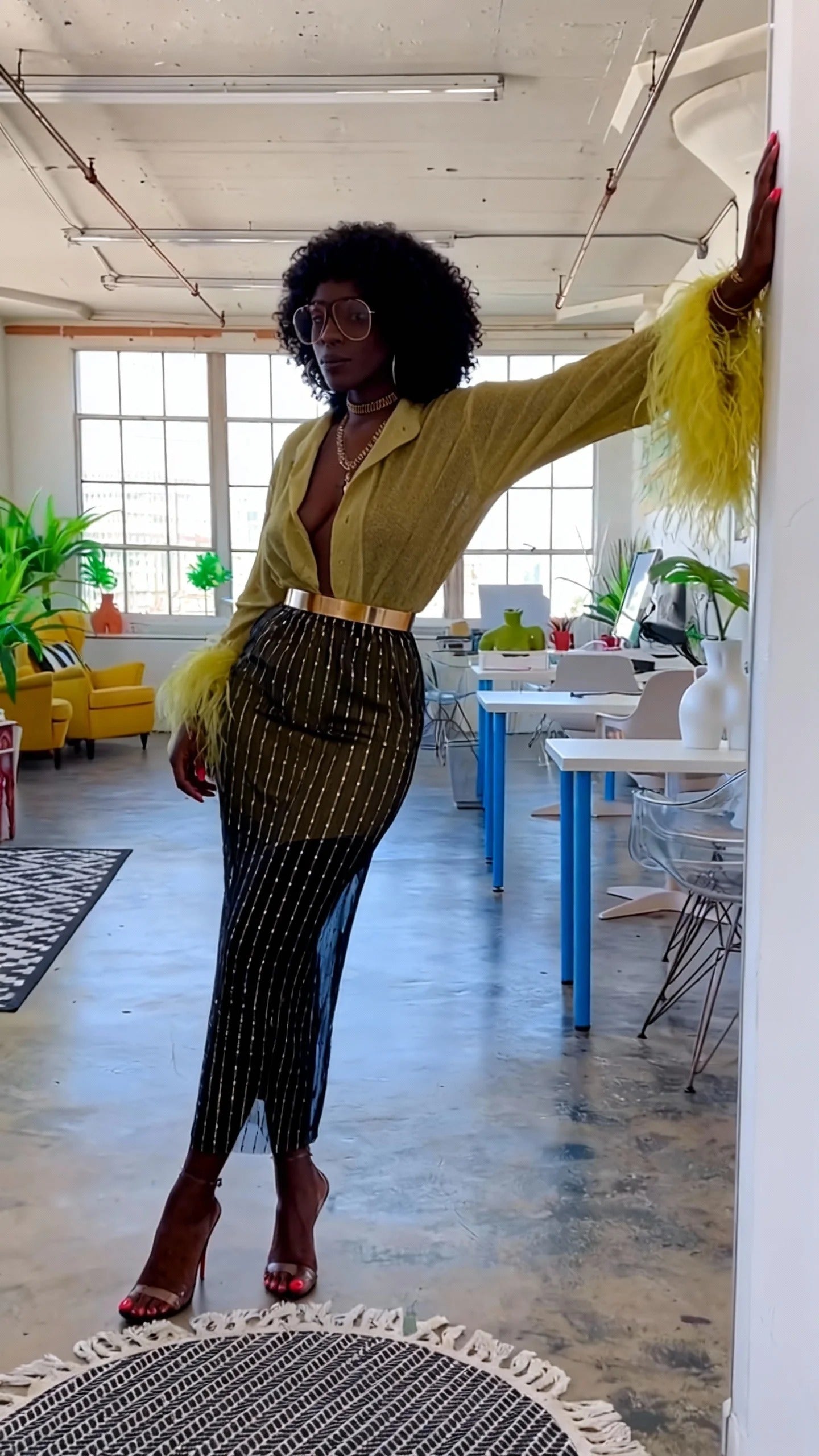 Yellow-Green Ostrich Feather Sleeve Blouse & Gradient Striped Midi Skirt Set