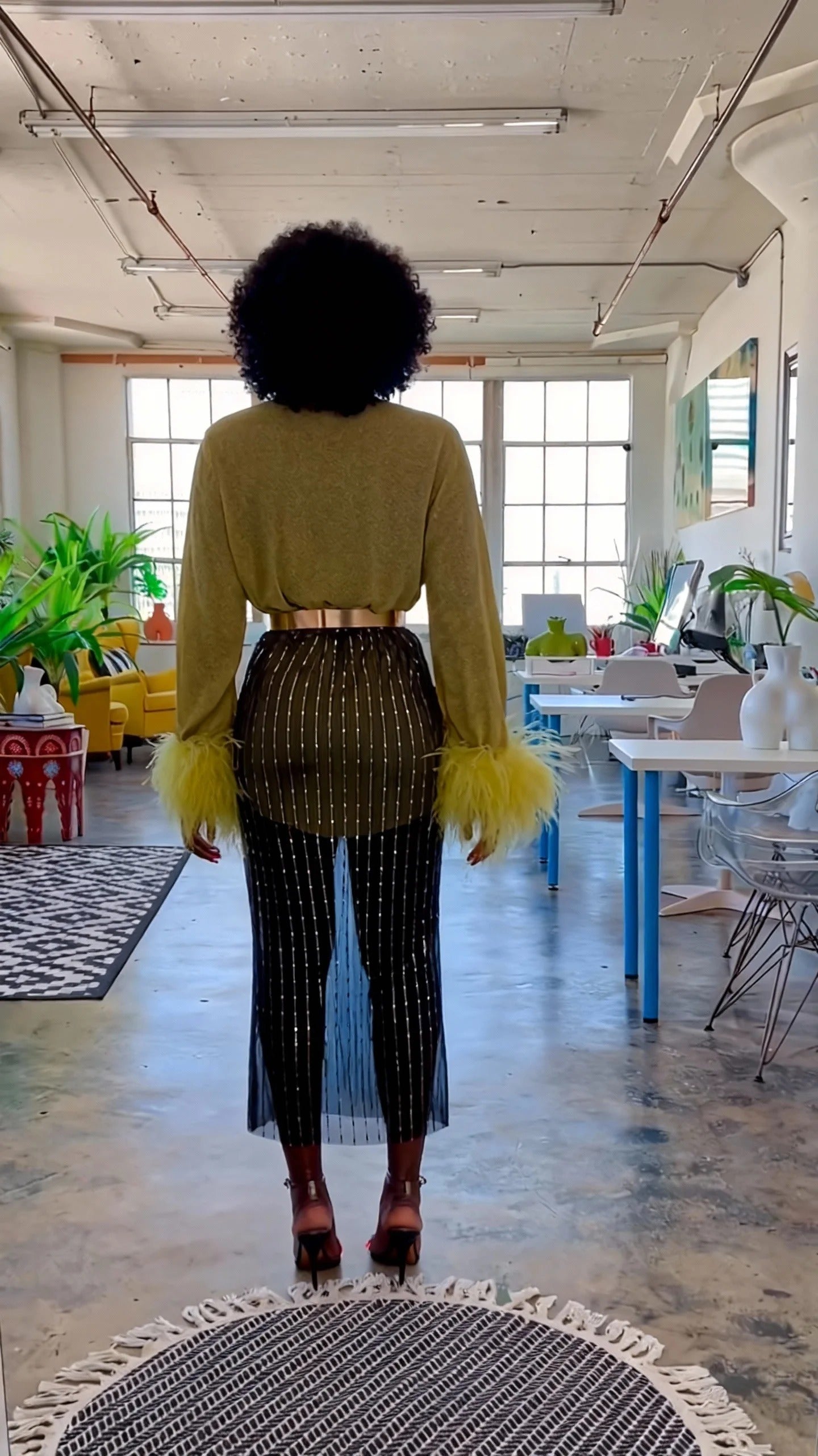 Yellow-Green Ostrich Feather Sleeve Blouse & Gradient Striped Midi Skirt Set