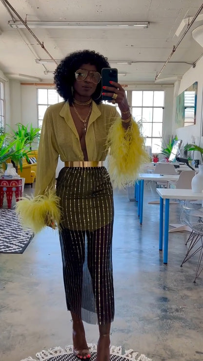 Yellow-Green Ostrich Feather Sleeve Blouse & Gradient Striped Midi Skirt Set