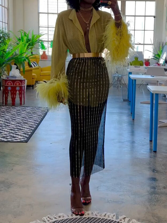 Yellow-Green Ostrich Feather Sleeve Blouse & Gradient Striped Midi Skirt Set