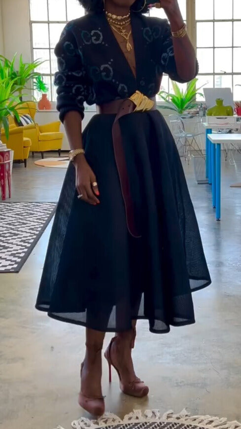 Dark Blue Patterned Cardigan-Style High-Waisted Flared Midi Dress