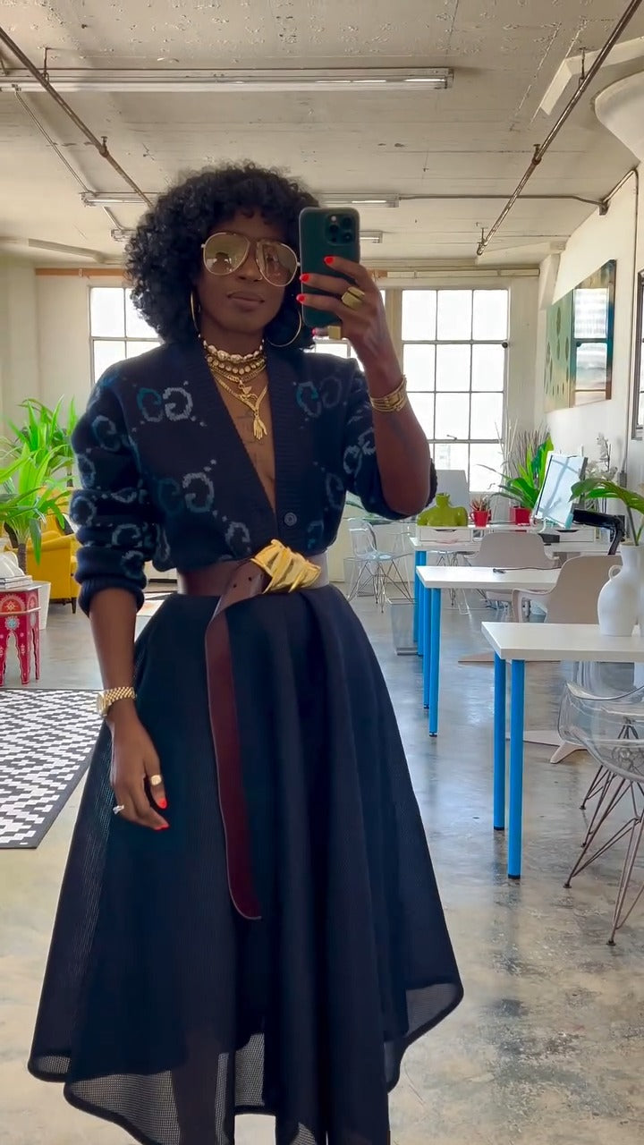 Dark Blue Patterned Cardigan-Style High-Waisted Flared Midi Dress