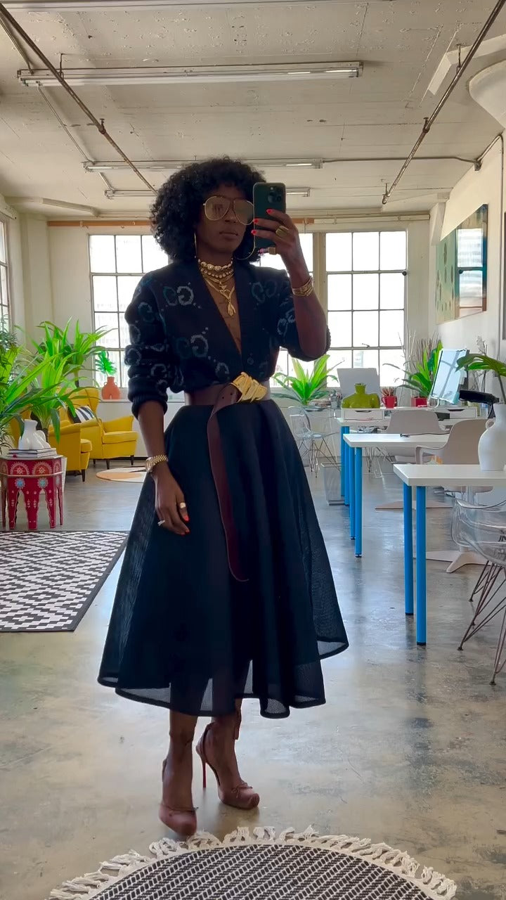 Dark Blue Patterned Cardigan-Style High-Waisted Flared Midi Dress