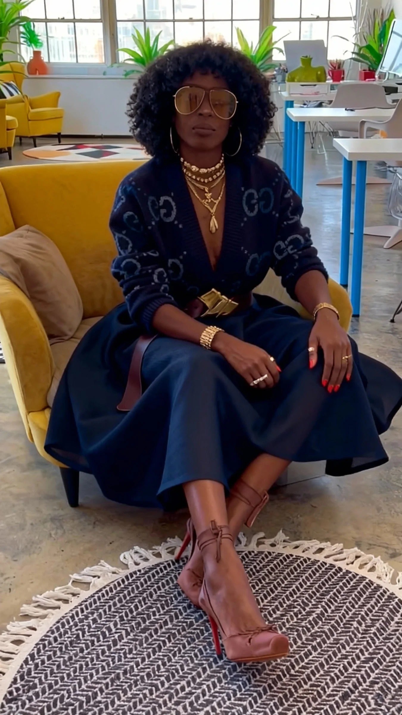 Dark Blue Patterned Cardigan-Style High-Waisted Flared Midi Dress