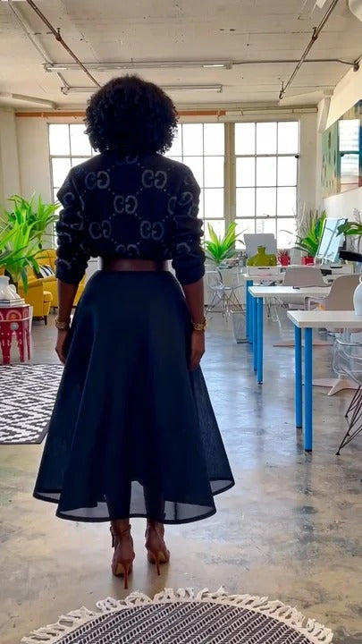 Dark Blue Patterned Cardigan-Style High-Waisted Flared Midi Dress