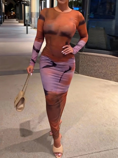 Orange-Purple Gradient Bodycon Long-Sleeve Maxi Dress