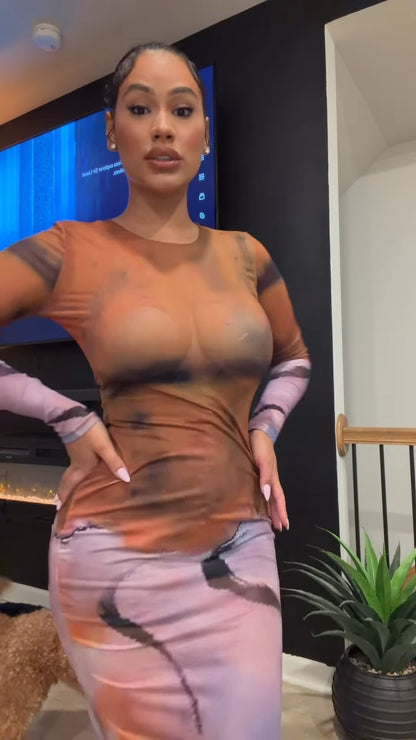 Orange-Purple Gradient Bodycon Long-Sleeve Maxi Dress