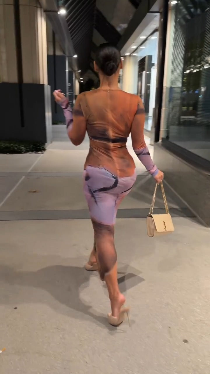 Orange-Purple Gradient Bodycon Long-Sleeve Maxi Dress