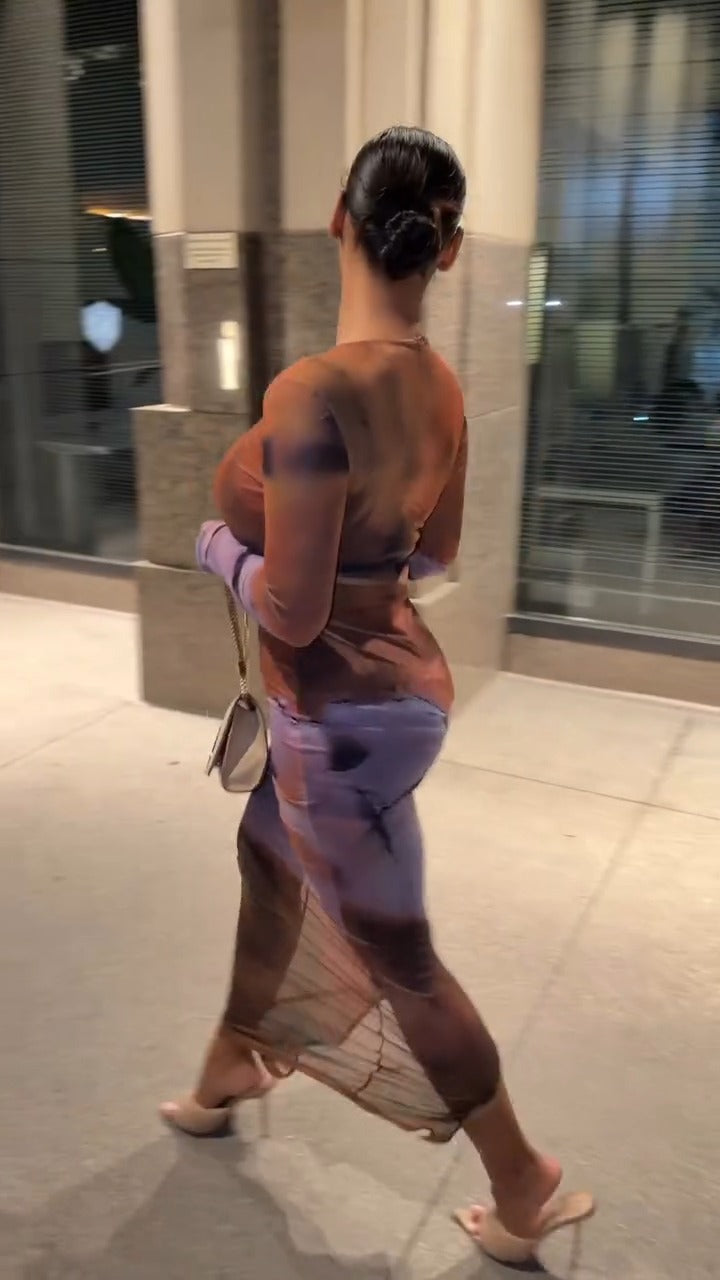 Orange-Purple Gradient Bodycon Long-Sleeve Maxi Dress