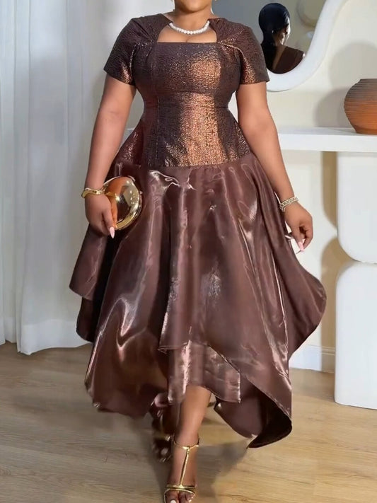 Copper-Brown Shiny Asymmetrical Midi Dress