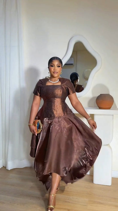 Copper-Brown Shiny Asymmetrical Midi Dress