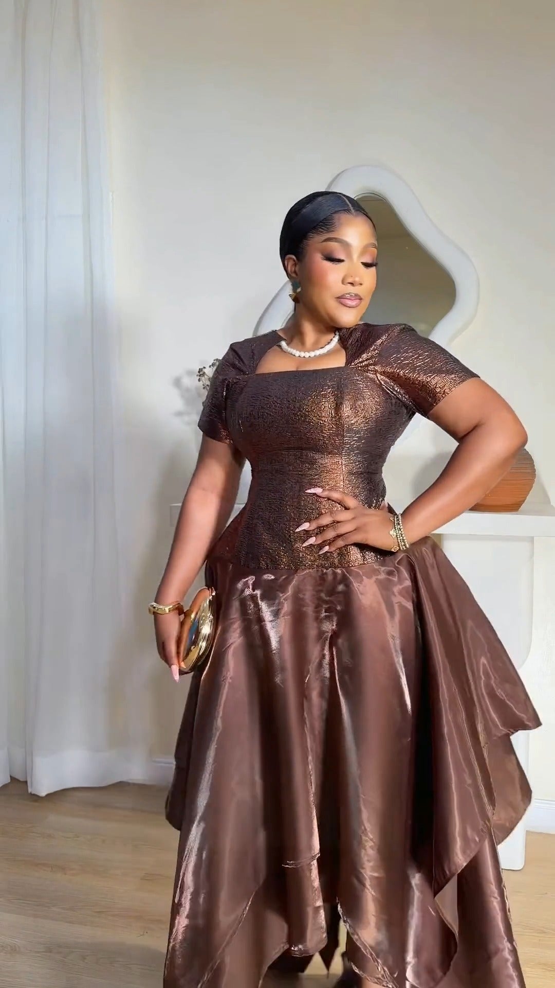 Copper-Brown Shiny Asymmetrical Midi Dress