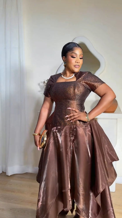 Copper-Brown Shiny Asymmetrical Midi Dress