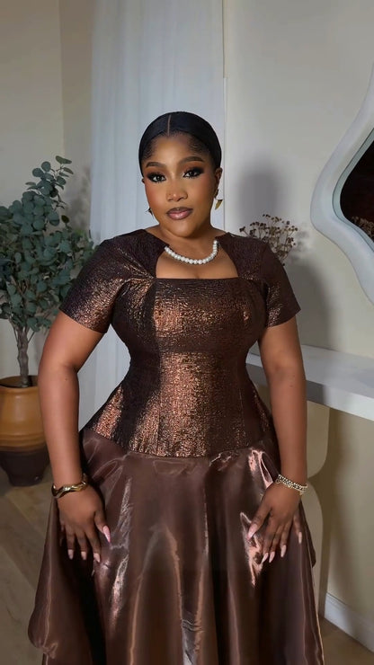 Copper-Brown Shiny Asymmetrical Midi Dress