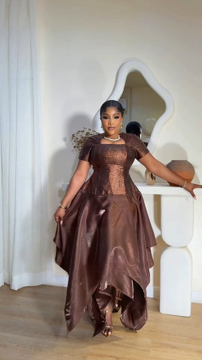 Copper-Brown Shiny Asymmetrical Midi Dress