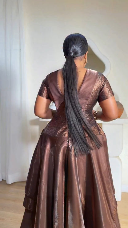 Copper-Brown Shiny Asymmetrical Midi Dress
