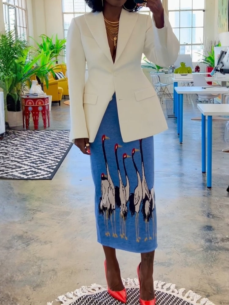 White Blazer & Blue Crane Print Midi Skirt Set