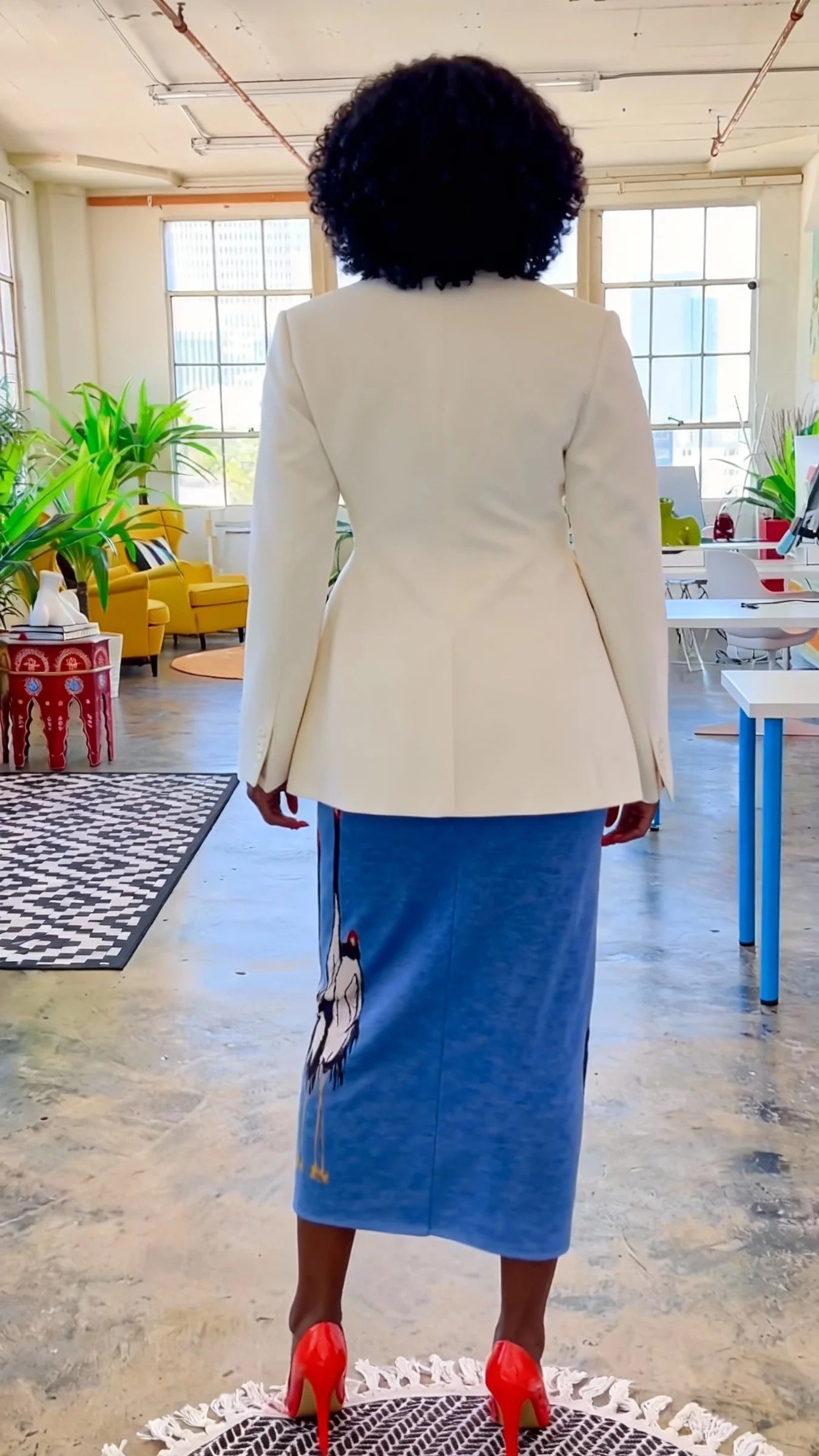 White Blazer & Blue Crane Print Midi Skirt Set