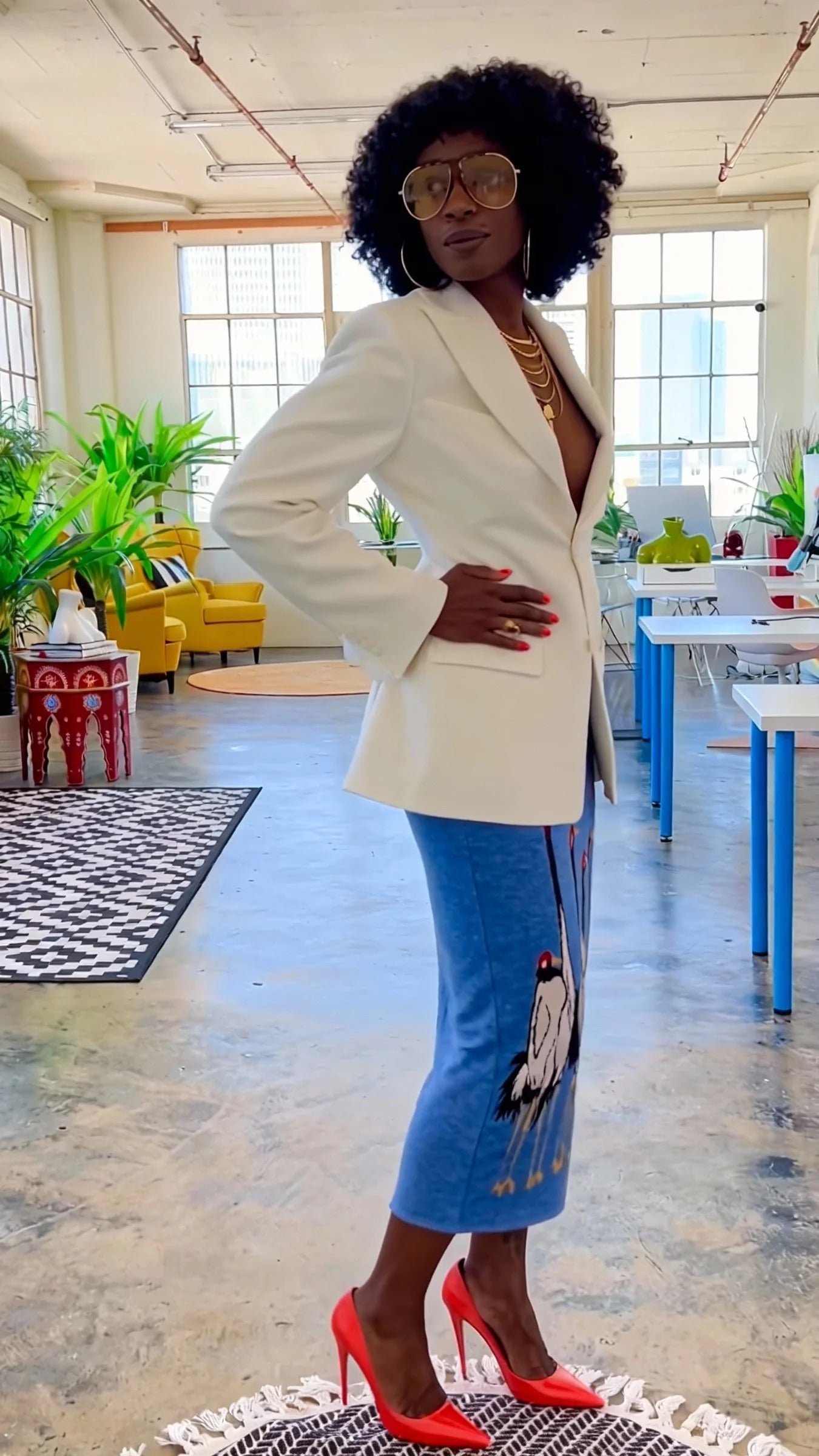 White Blazer & Blue Crane Print Midi Skirt Set