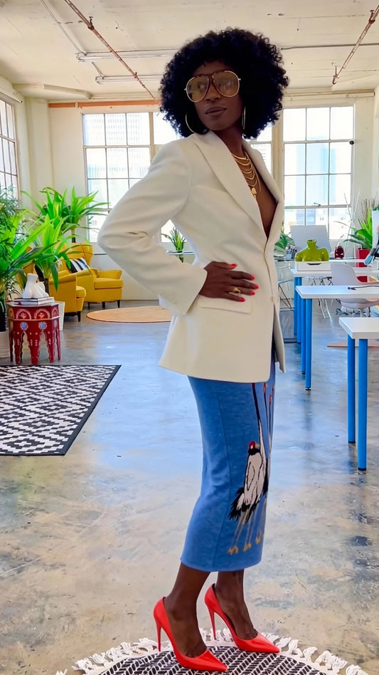 White Blazer & Blue Crane Print Midi Skirt Set