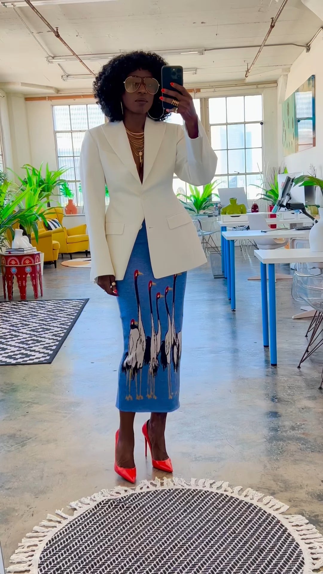 White Blazer & Blue Crane Print Midi Skirt Set
