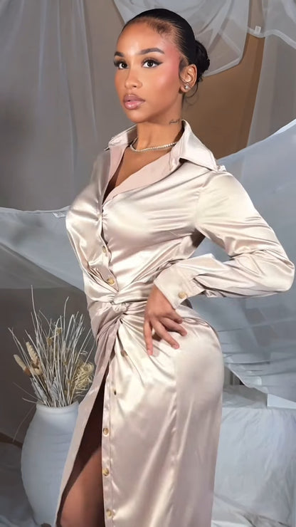 Beige Satin Shirt Collar Long-Sleeve Waist-Tie Maxi Dress