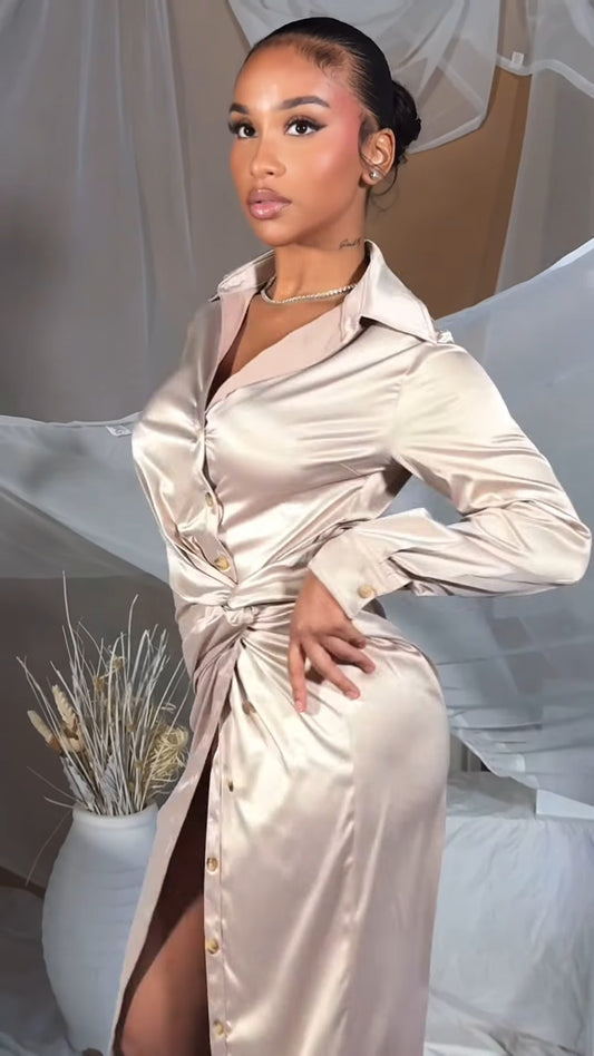 Beige Satin Shirt Collar Long-Sleeve Waist-Tie Maxi Dress