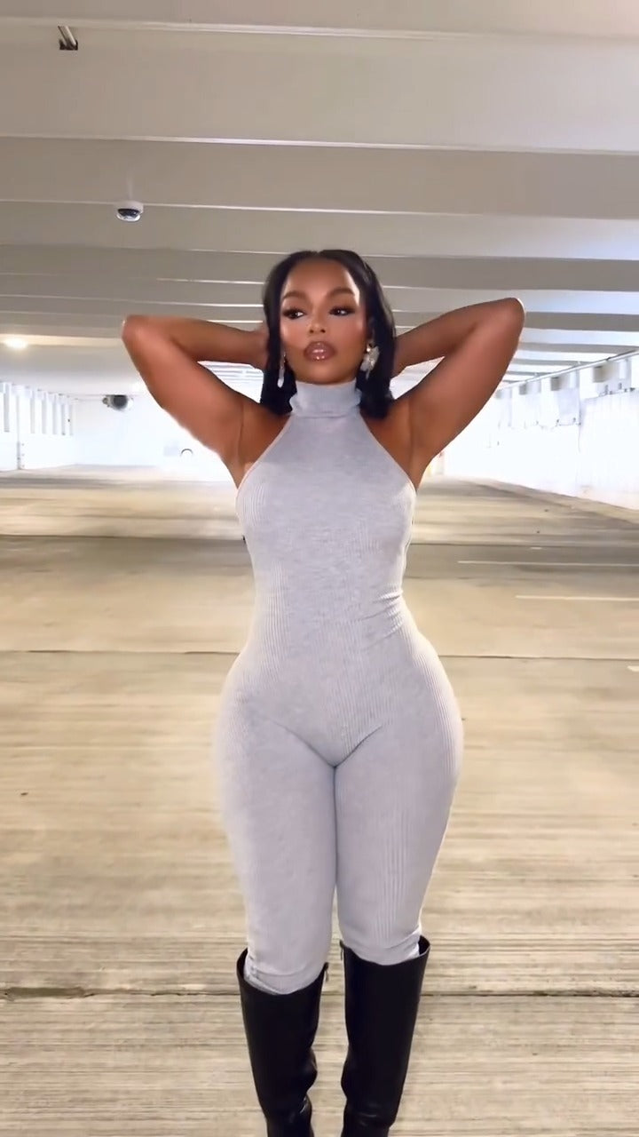 Light Gray Ribbed Halter Neck Sleeveless Bodycon Jumpsuit