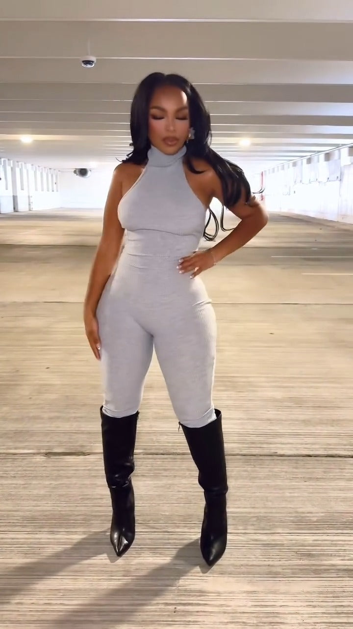 Light Gray Ribbed Halter Neck Sleeveless Bodycon Jumpsuit