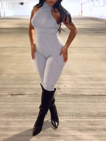 Light Gray Ribbed Halter Neck Sleeveless Bodycon Jumpsuit