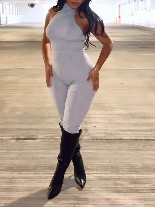 Light Gray Ribbed Halter Neck Sleeveless Bodycon Jumpsuit
