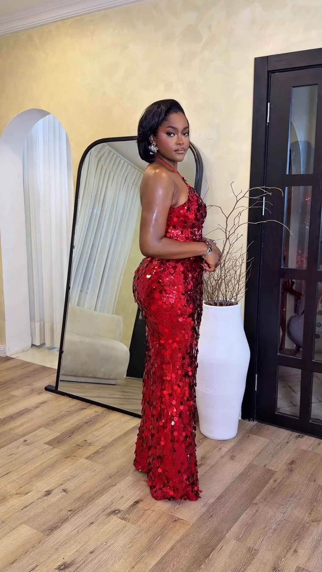 Red Round Sequin Halter Neck Bodycon Maxi Dress