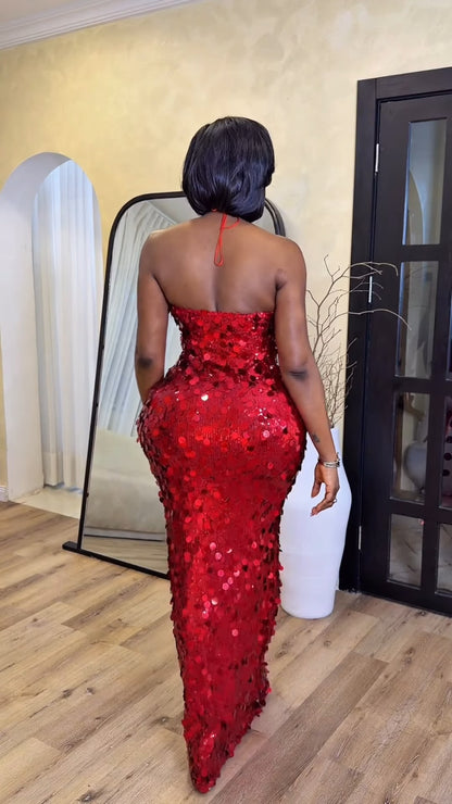 Red Round Sequin Halter Neck Bodycon Maxi Dress