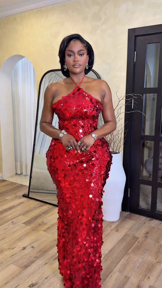 Red Round Sequin Halter Neck Bodycon Maxi Dress