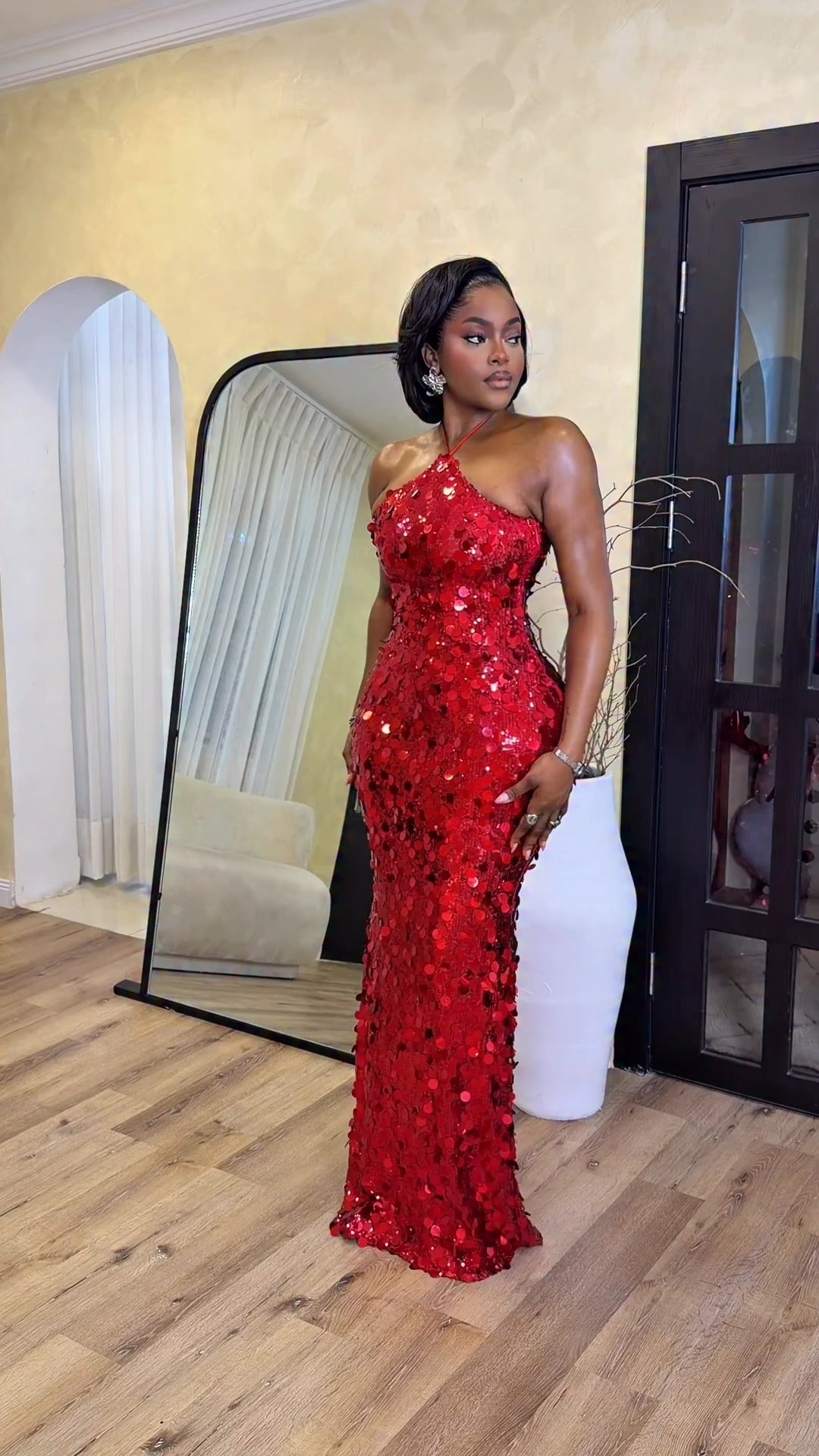 Red Round Sequin Halter Neck Bodycon Maxi Dress