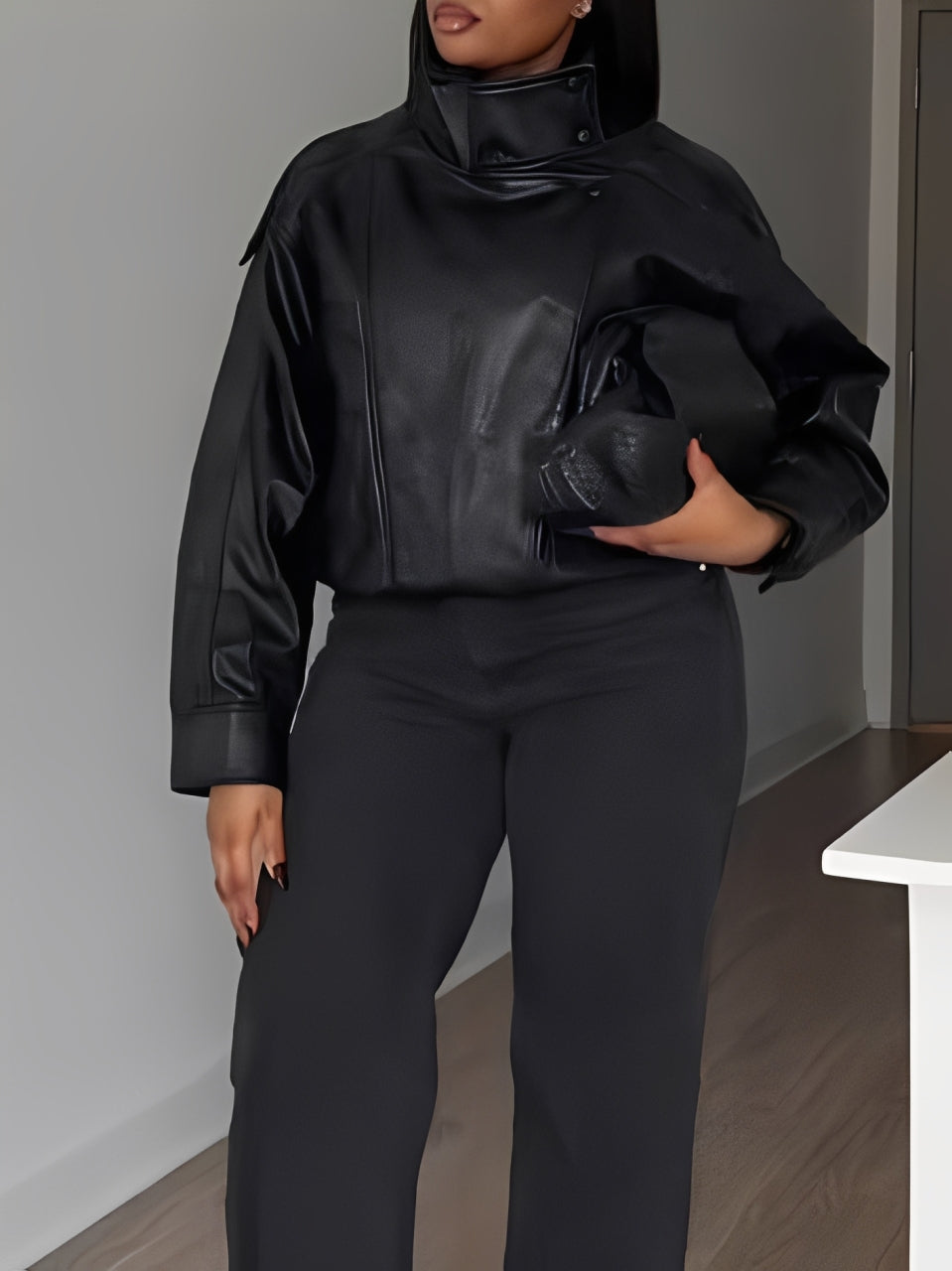 Black Faux Leather Hooded High-Collar Oversized Jacket