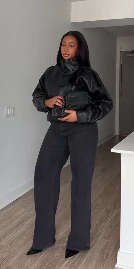 Black Faux Leather Hooded High-Collar Oversized Jacket