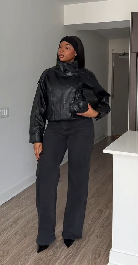 Black Faux Leather Hooded High-Collar Oversized Jacket