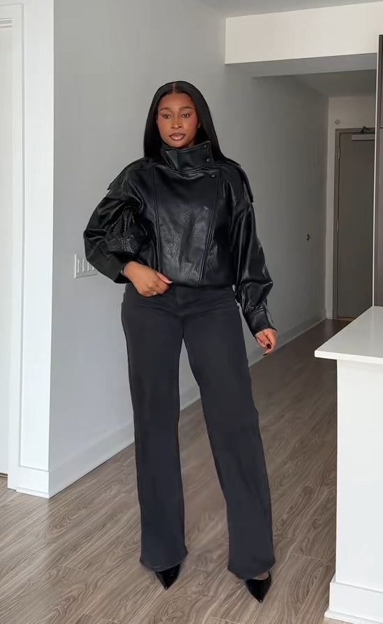 Black Faux Leather Hooded High-Collar Oversized Jacket