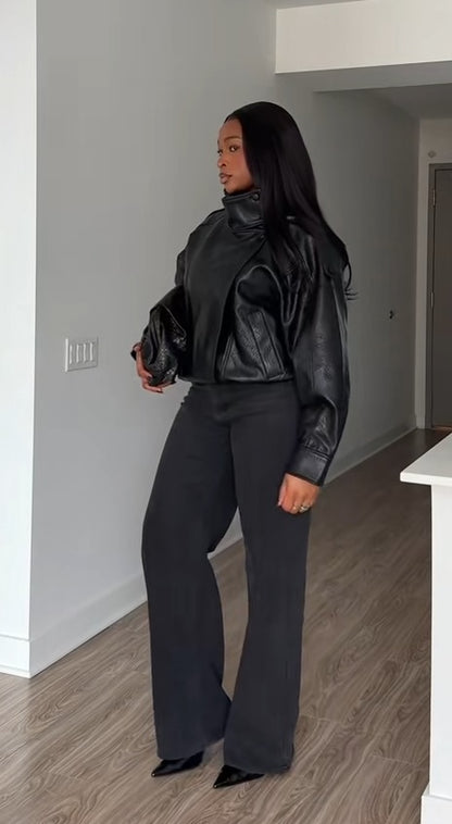 Black Faux Leather Hooded High-Collar Oversized Jacket